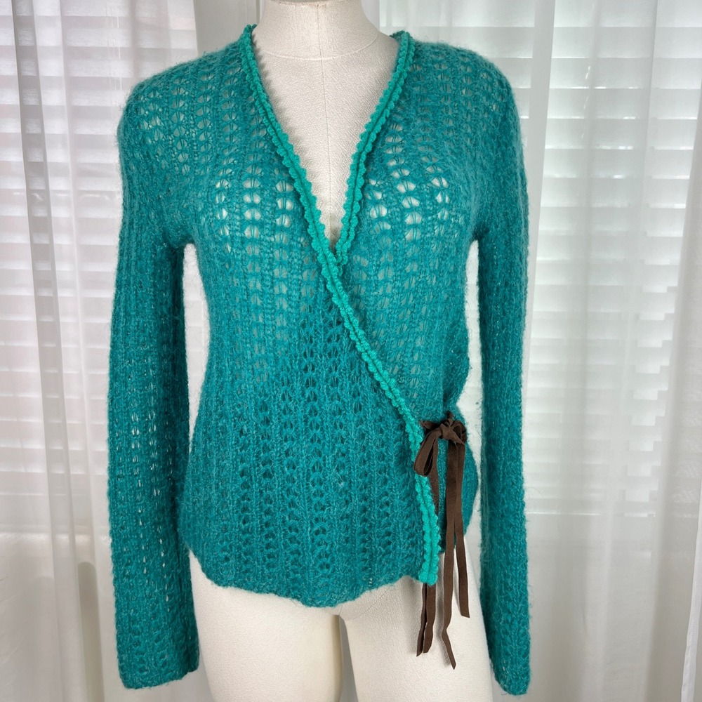 Oilily Teal Mohair Wool Blend Open Knit Wrap Cardigan Womens Medium ballet